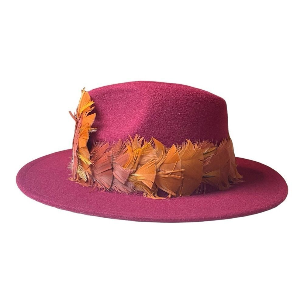 Beautiful Wine Color Felt Fedora with Elaborate Feather Hat Band - UNISEX - Picture 4 of 10